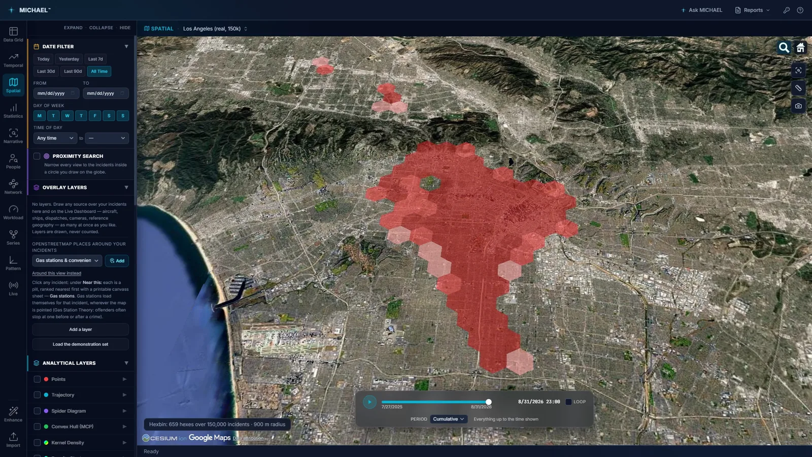A city-wide hot spot map on the 3D globe: 659 hexagonal cells aggregating 150,000 incidents at a 900 metre radius, shaded by count, with a time scrubber along the bottom.